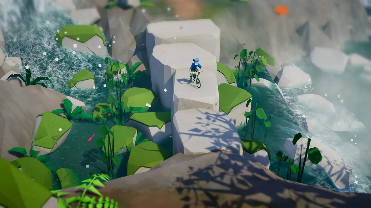 Lonely Mountains: Downhill: a rider standing on a stone block above a waterfall surrounded by green plants