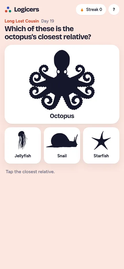 Long Lost Cousin day 19 at phone size: the octopus card above jellyfish, snail and starfish choices in a narrow column