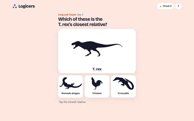 Long Lost Cousin day 2: a T. rex silhouette above three choices, Komodo dragon, chicken and crocodile, under the question Which of these is the T. rex's closest relative
