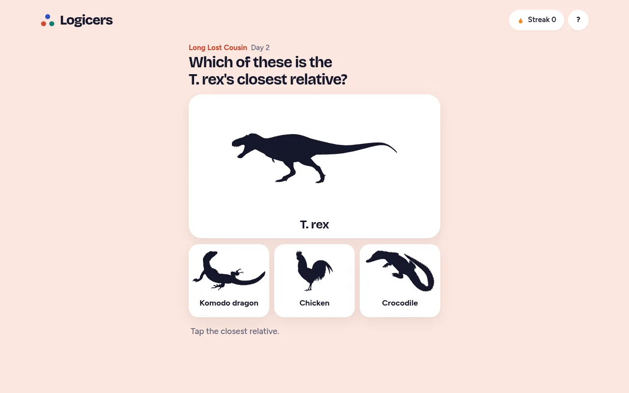 Long Lost Cousin day 2: a T. rex silhouette above three choices, Komodo dragon, chicken and crocodile, under the question Which of these is the T. rex's closest relative