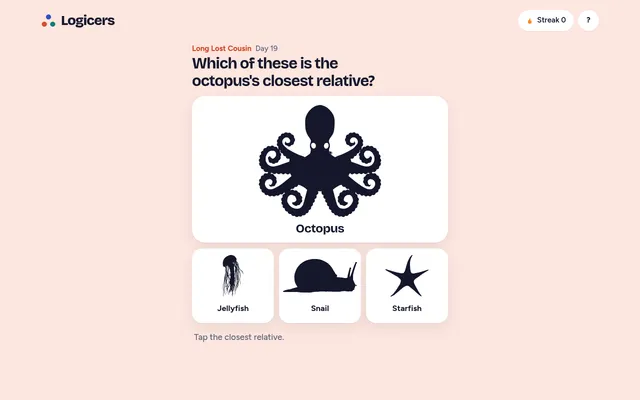 Long Lost Cousin day 19 board: an octopus silhouette above three choices, jellyfish, snail and starfish, under the question Which of these is the octopus's closest relative