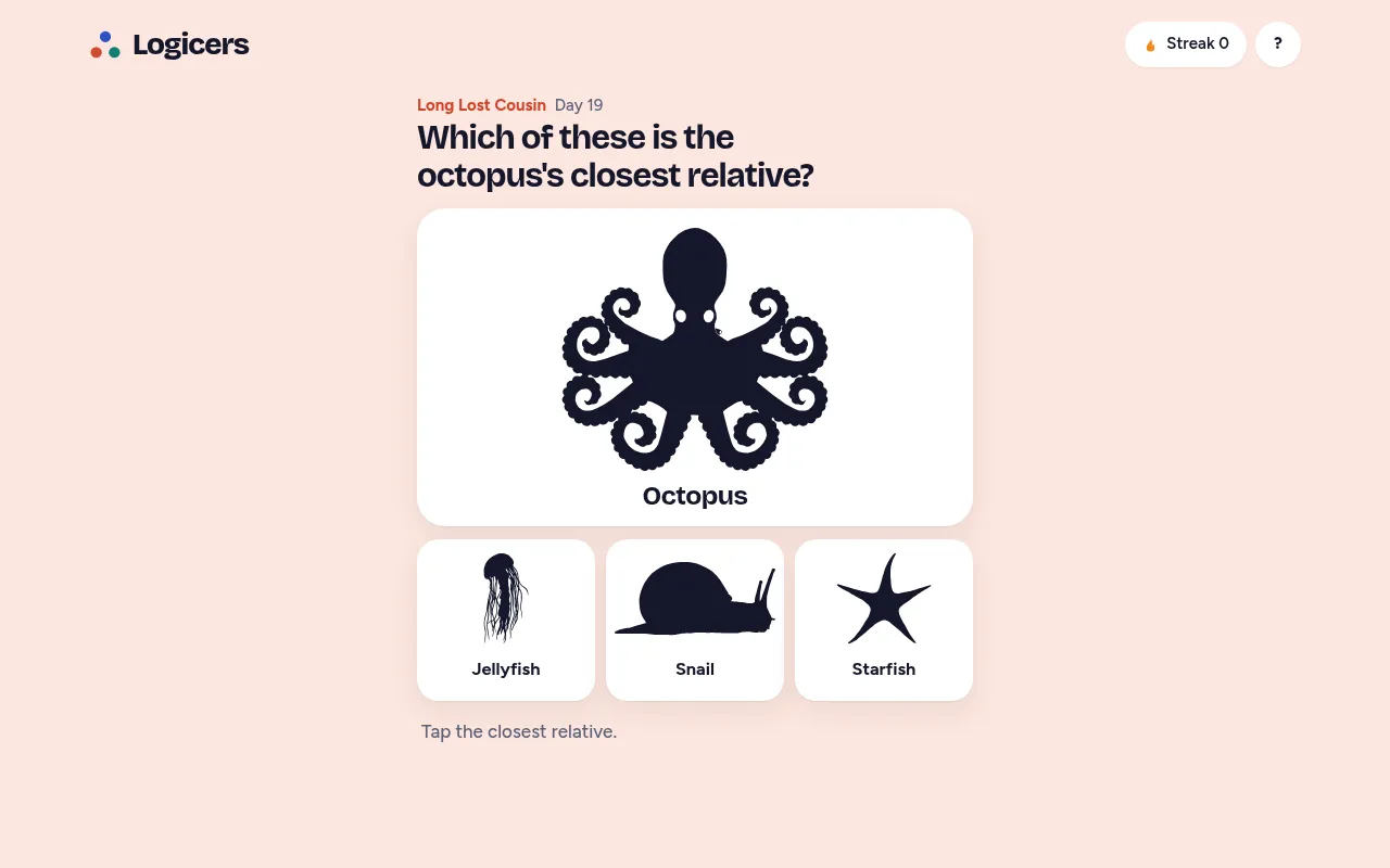 Long Lost Cousin day 19 board: an octopus silhouette above three choices, jellyfish, snail and starfish, under the question Which of these is the octopus's closest relative