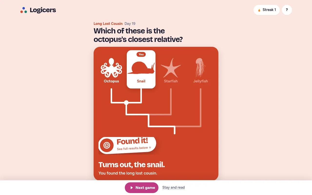 Long Lost Cousin day 19 answer: the family tree joining octopus and snail first, then starfish and jellyfish, with Found it and Turns out, the snail