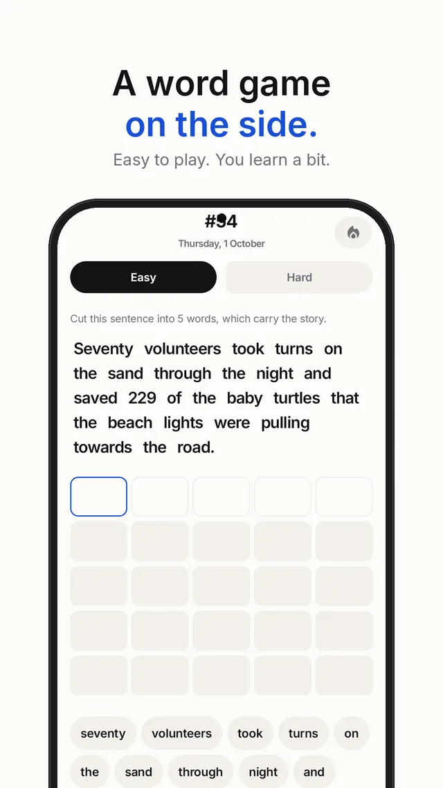 Long Story Short board #34 on a phone: a sentence about seventy volunteers saving 229 baby turtles, five empty answer rows and word chips to tap