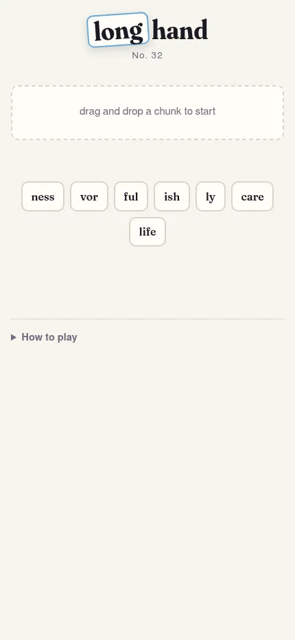 Longhand No. 32 at phone size: the word box and the day's seven chunks in two rows