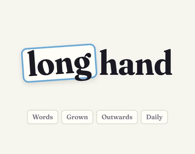 Longhand logo with the word long in a tile and the labels Words, Grown, Outwards, Daily