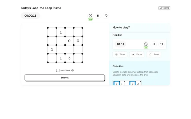 Times of India Today's Loop-the-Loop puzzle: a small dot grid with the numbers 1, 0, 3, 1, 1 and 3, a timer, a Submit button and the how-to-play panel