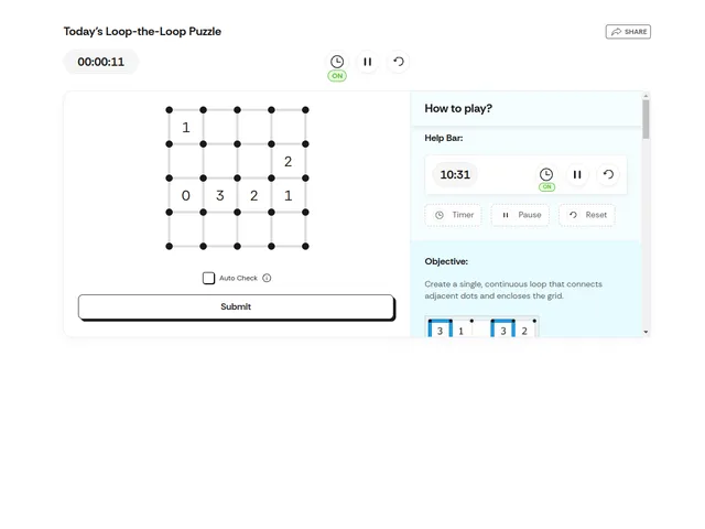 Times of India Loop the Loop grid of dots with numbers 1, 2, 0, 3, 2 and 1, beside the how-to-play panel