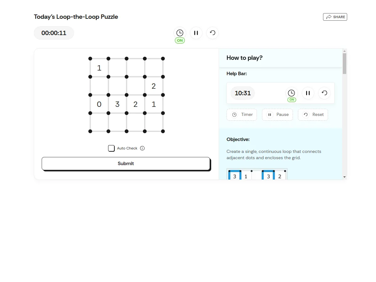Times of India Loop the Loop grid of dots with numbers 1, 2, 0, 3, 2 and 1, beside the how-to-play panel