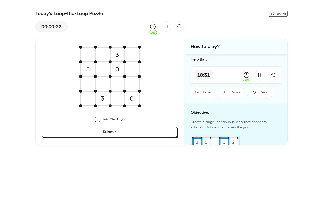 Today's Loop-the-Loop board on Times of India, 19 Oct 2026: a 4x4 dot grid with clues 3, 3, 0, 3 and 0, a timer, Auto Check, Submit and the how-to-play panel