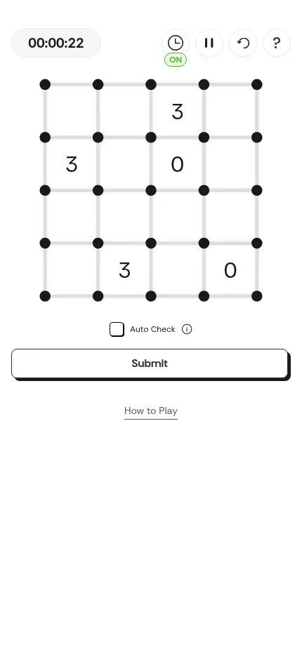 Loop the Loop at phone size: the same day's grid with clues 3, 3, 0, 3 and 0 filling the screen, timer and reset buttons above, Auto Check and Submit below