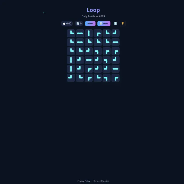 Loop Daily Puzzle number 383, a 6x6 grid of glowing cyan pipe pieces on a dark background with timer, moves, Reset and Stats buttons