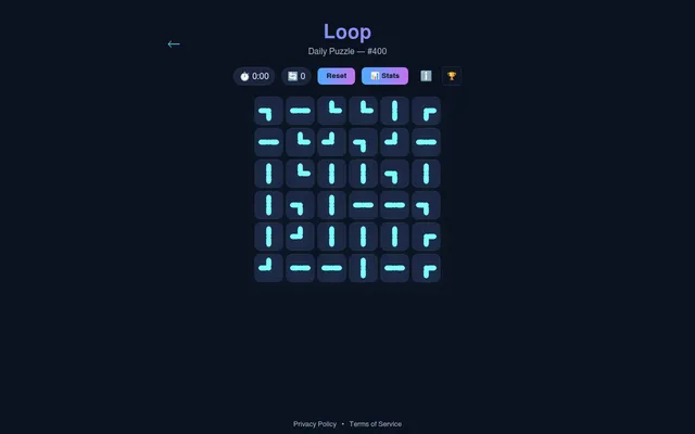 Loop Daily Puzzle #400 on 19 October 2026: today's unsolved 6x6 grid of cyan straight and corner pipe tiles, with timer, move counter, Reset and Stats buttons