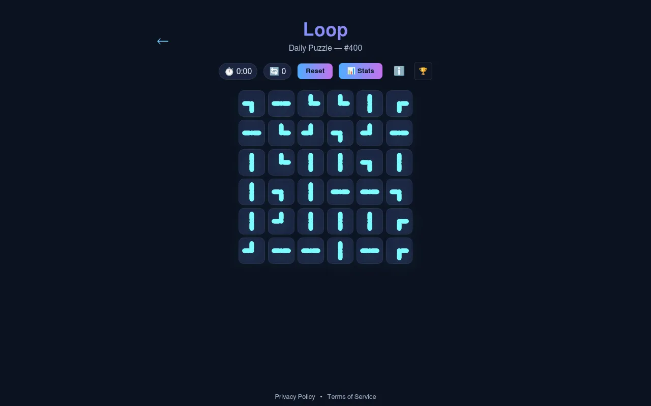 Loop Daily Puzzle #400 on 19 October 2026: today's unsolved 6x6 grid of cyan straight and corner pipe tiles, with timer, move counter, Reset and Stats buttons