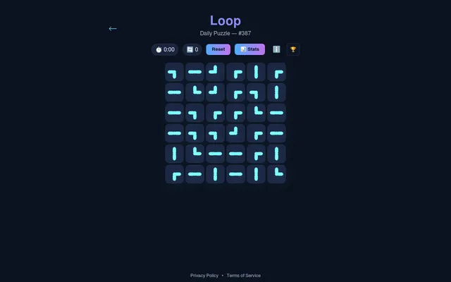 Loop Daily Puzzle number 387: a 6x6 grid of cyan pipe pieces on a dark background, with timer, move counter, Reset and Stats buttons
