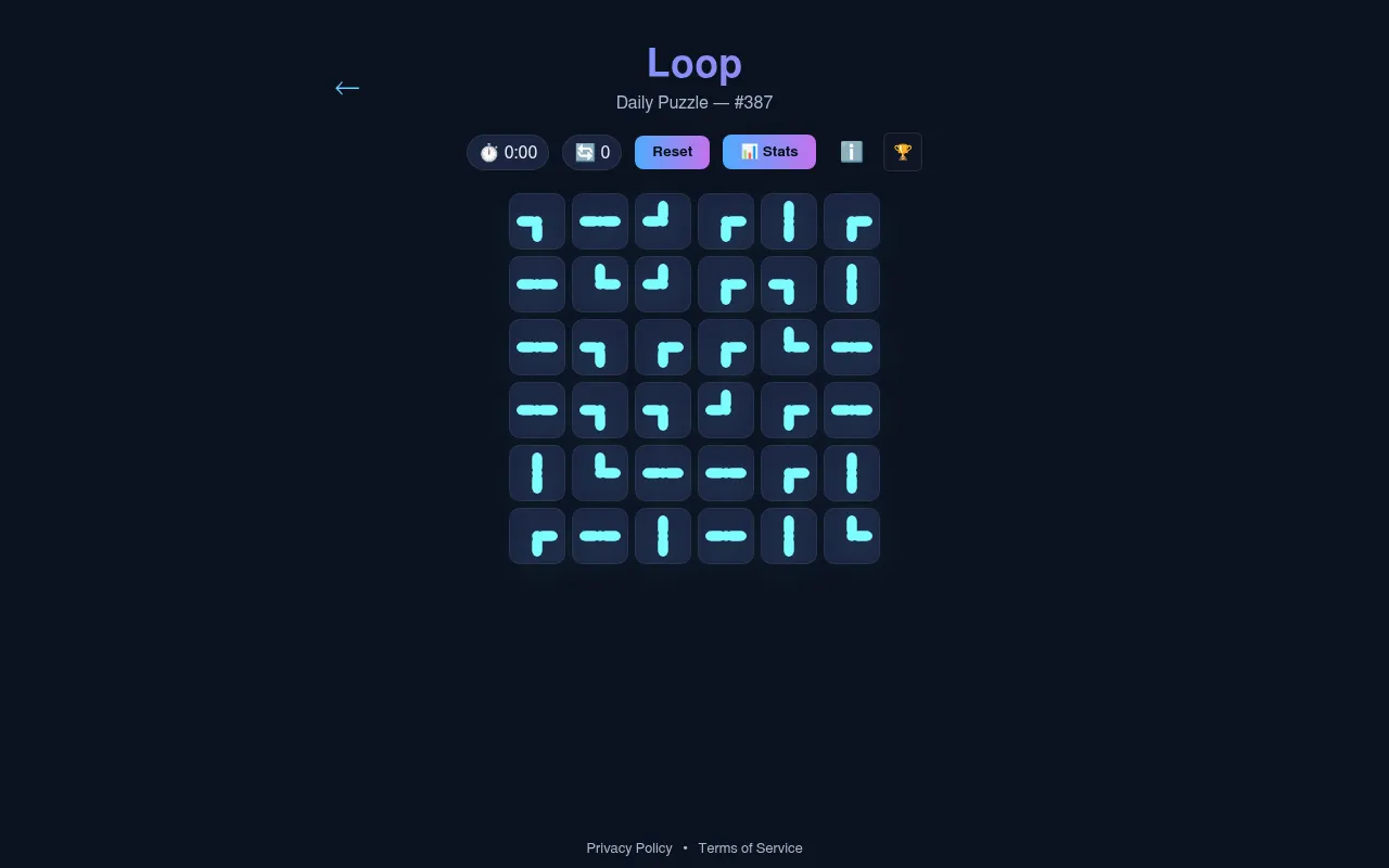 Loop Daily Puzzle number 387: a 6x6 grid of cyan pipe pieces on a dark background, with timer, move counter, Reset and Stats buttons
