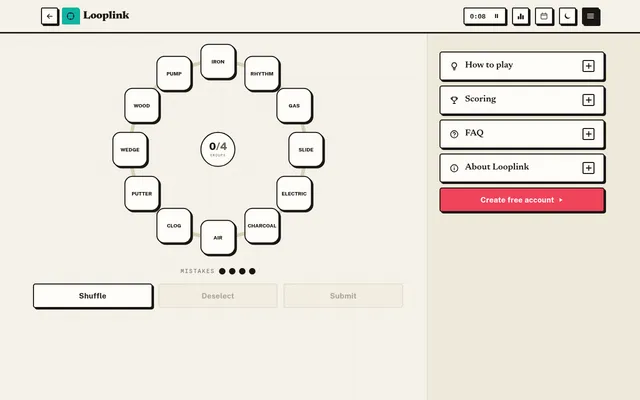 Looplink on Greatest Games: the day's twelve words, from Iron and Rhythm to Charcoal and Wedge, arranged in a loop around a 0 of 4 groups counter, with four mistakes left