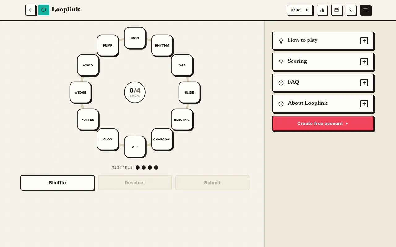 An earlier Looplink board: twelve words, from Iron and Rhythm to Charcoal and Wedge, arranged in a loop around a 0 of 4 groups counter