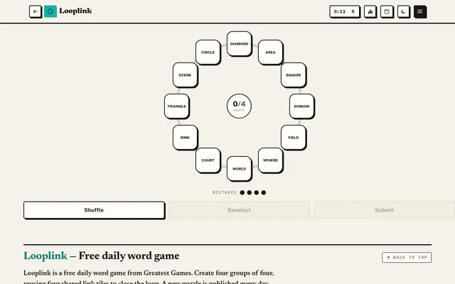 Looplink on a desktop: today's twelve words, from Diamond and Circle to Court and World, set in a ring around a 0 of 4 groups counter, with four mistakes left