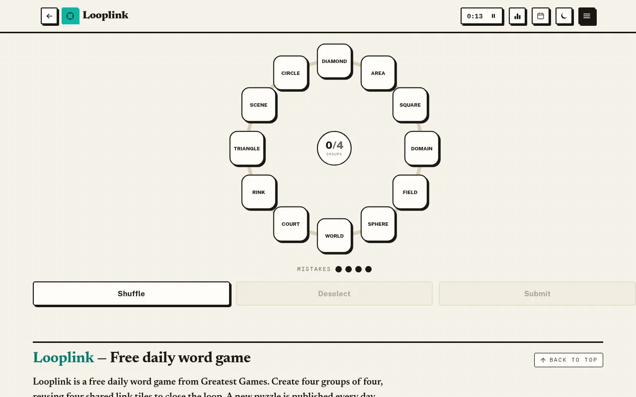 Looplink on a desktop: today's twelve words, from Diamond and Circle to Court and World, set in a ring around a 0 of 4 groups counter, with four mistakes left