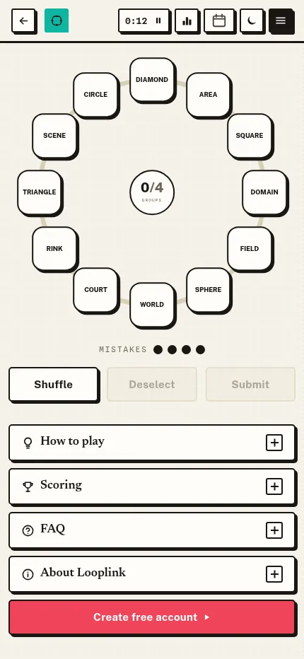 Looplink at phone size: the same ring of twelve word tiles fills the screen, with Shuffle, Deselect and Submit below