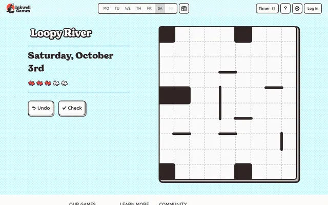 Loopy River on Inkwell Games for Saturday 3 October: a 9x10 grid with black blocks and a few river segments already drawn, the weekday picker above and Undo and Check beside it