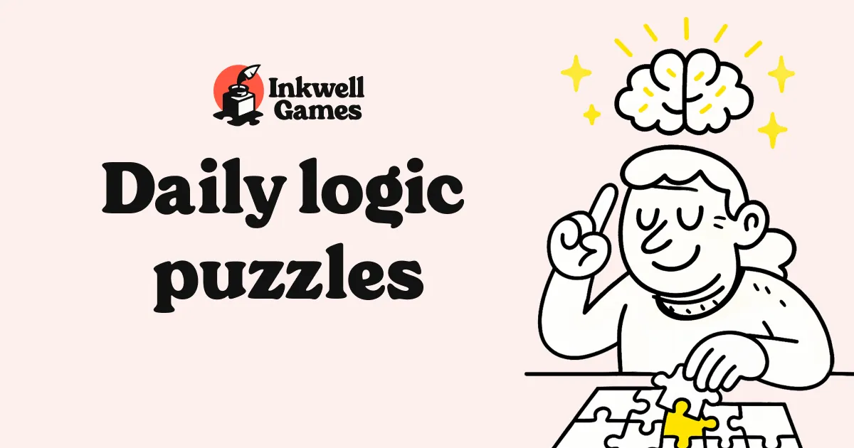 The Inkwell Games share card: Daily logic puzzles, with a drawing of a player placing a jigsaw piece