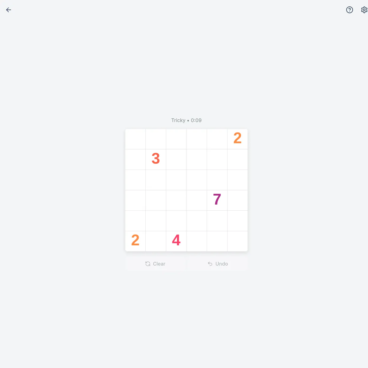Loopy's Tricky daily puzzle: a six by six grid with the numbers 2, 3, 7, 2 and 4, a timer and Clear and Undo buttons