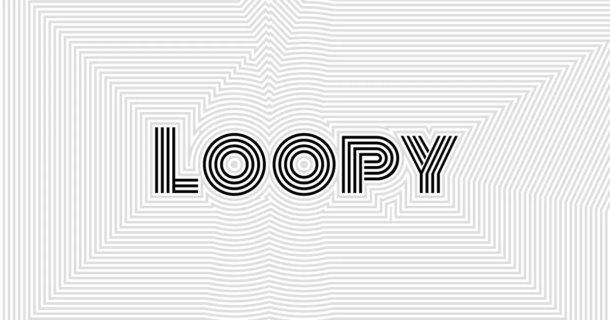 The Loopy logo in striped black letters over grey concentric lines