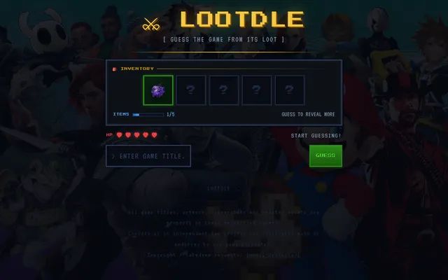 Lootdle puzzle #228 on a desktop: five inventory slots with one purple item shown, five red HP hearts and a box to enter a game title, over a collage of game characters