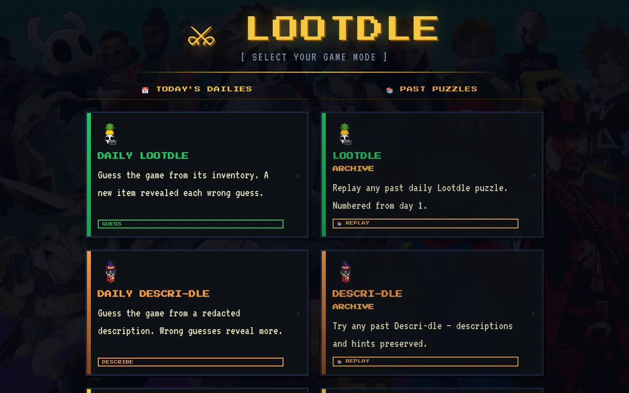 Lootdle home page: the Lootdle title over a menu of Today's Dailies and Past Puzzles, starting with Daily Lootdle, guess the game from its inventory, and Daily Descri-dle