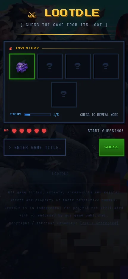 Lootdle puzzle #228 at phone size: the inventory of five slots with the first item showing, the HP hearts, the title box and the green Guess button