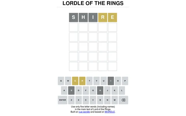 Lordle of the Rings on a desktop with today's board started: the guess SHIRE shows grey S, H and I and yellow R and E above five empty rows and the coloured keyboard