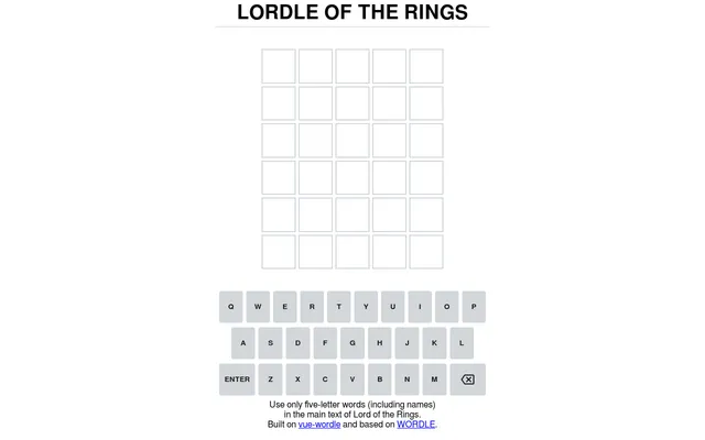 Lordle of the Rings: the title above an empty six by five grid and an on-screen keyboard, with the note Use only five-letter words (including names) in the main text of Lord of the Rings