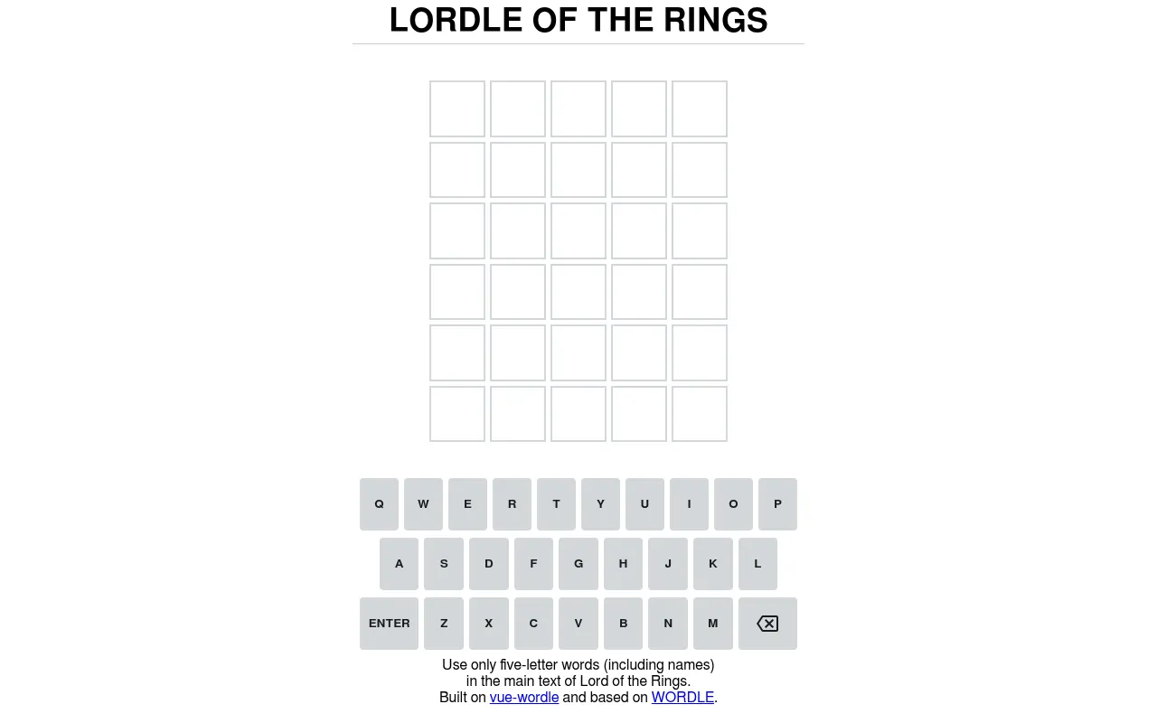 Lordle of the Rings: the title above an empty six by five grid and an on-screen keyboard, with the note Use only five-letter words (including names) in the main text of Lord of the Rings