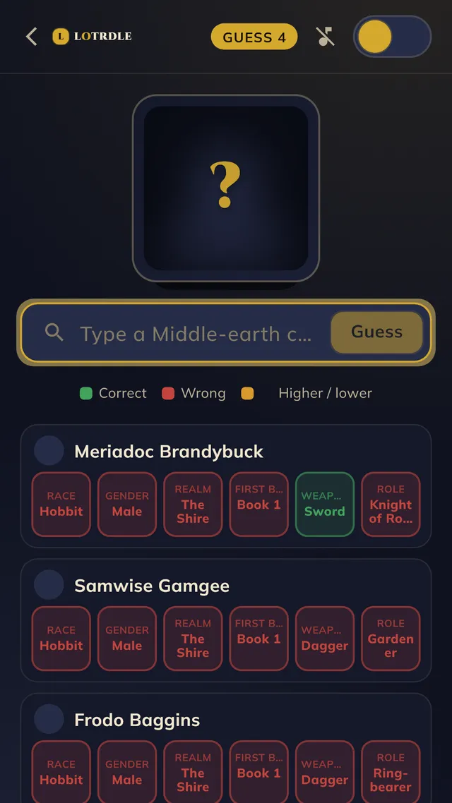 Lotrdle on guess 4: a hidden portrait over rows for Meriadoc Brandybuck, Samwise Gamgee and Frodo Baggins, each with race, gender, realm, first book, weapon and role clues