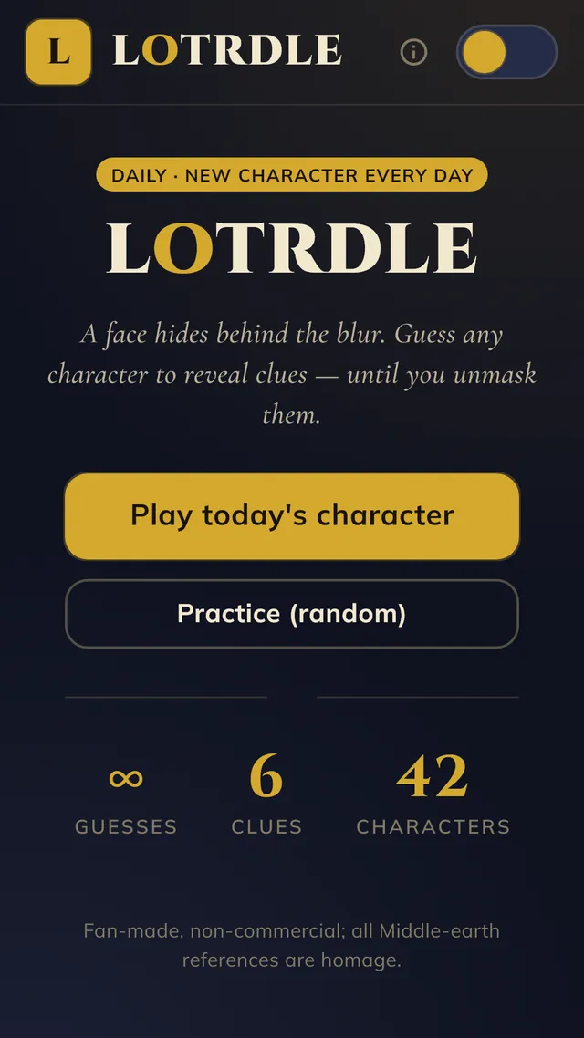 Lotrdle start screen: Daily, new character every day, with Play today's character and Practice (random) buttons, and counts of unlimited guesses, 6 clues and 42 characters