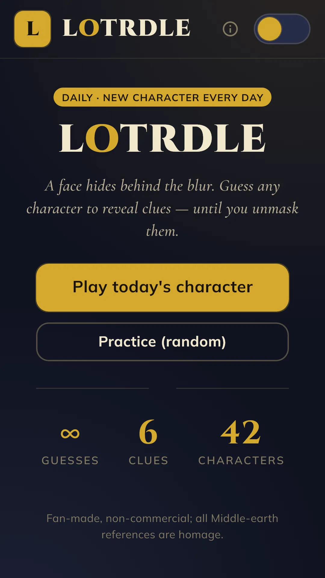 Lotrdle start screen: Daily, new character every day, with Play today's character and Practice (random) buttons, and counts of unlimited guesses, 6 clues and 42 characters