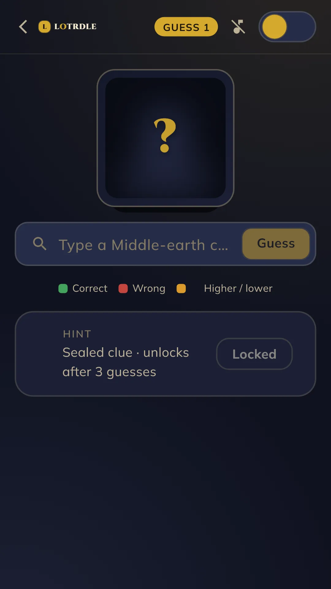 Lotrdle guess screen: a hidden portrait marked with a question mark, a box to type a Middle-earth character, the colour key and a sealed hint that unlocks after 3 guesses