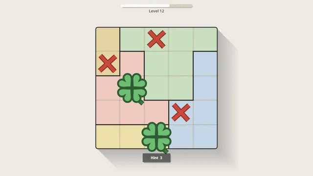LUCK IT, level 12: a 5x5 board of coloured regions with two four-leaf clovers placed and red Xs marking ruled-out squares, and a Hint button below
