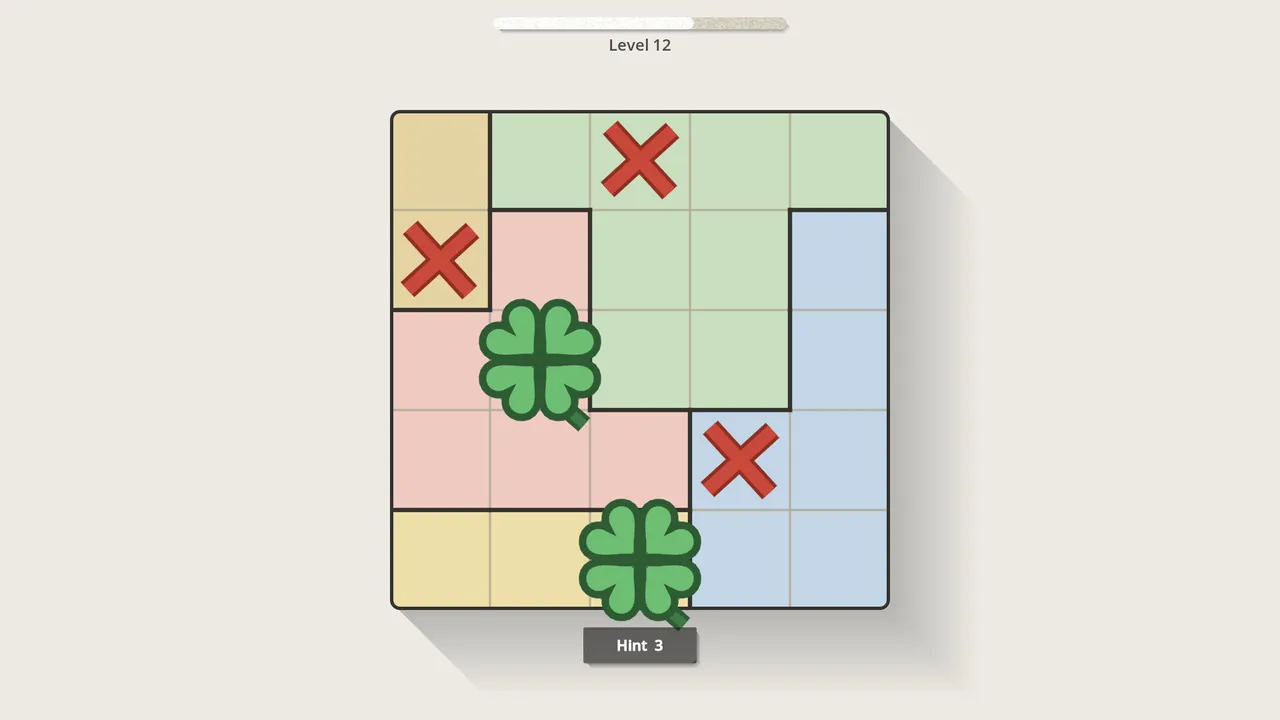 LUCK IT, level 12: a 5x5 board of coloured regions with two four-leaf clovers placed and red Xs marking ruled-out squares, and a Hint button below