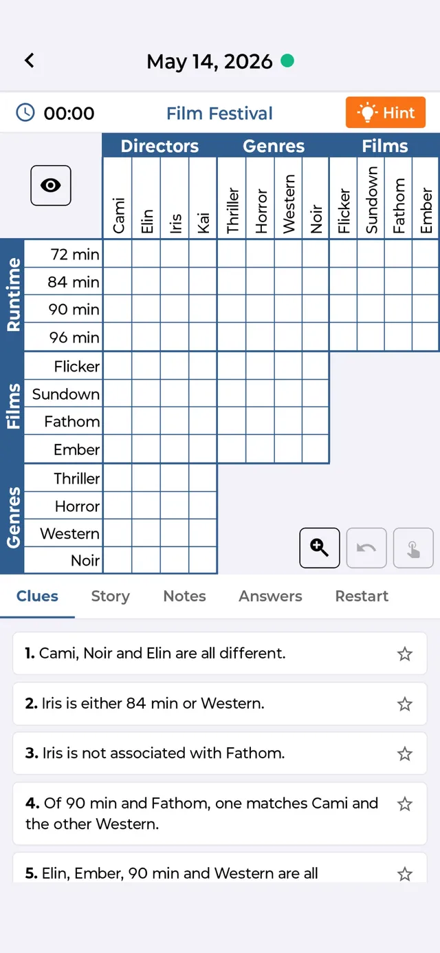 Luma Logic Puzzles daily puzzle for May 14, 2026, Film Festival: an empty logic grid of directors, genres, films and runtimes above clues such as Iris is either 84 min or Western.