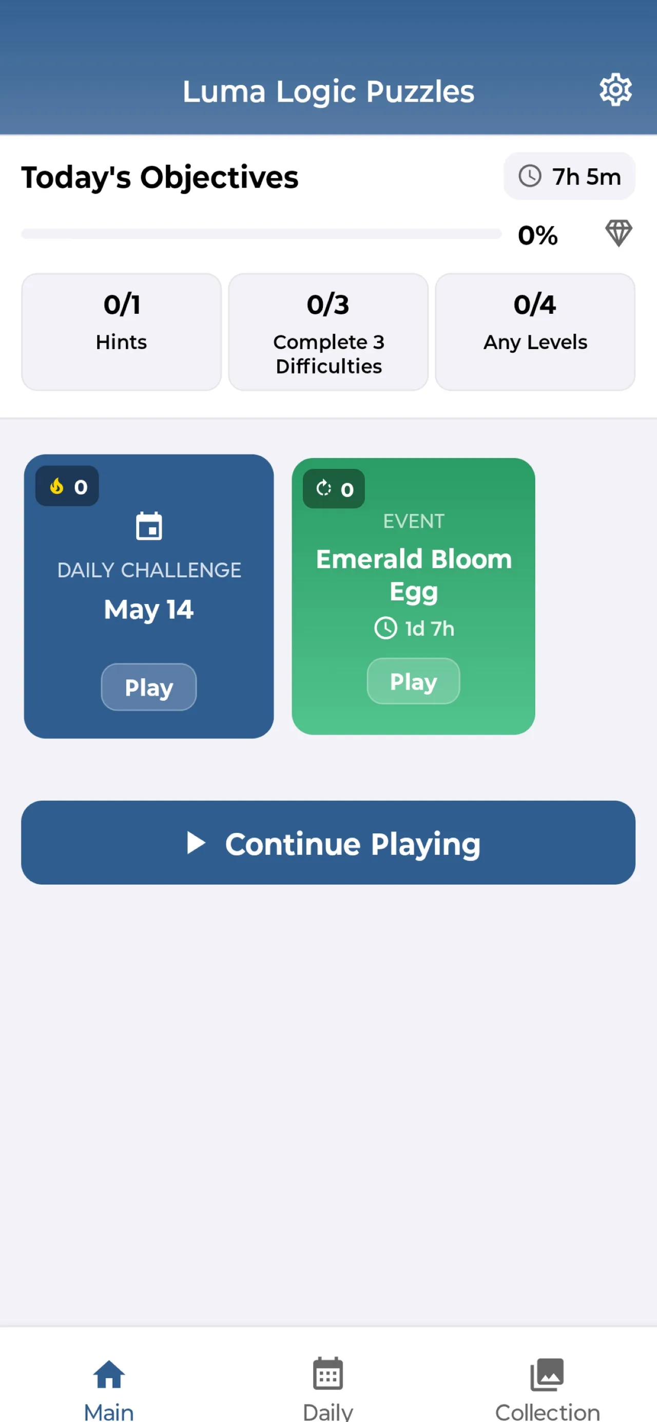 Luma Logic Puzzles main screen: Today's Objectives with 7h 5m left, a Daily Challenge card for May 14 and an Emerald Bloom Egg event card, each with a Play button.