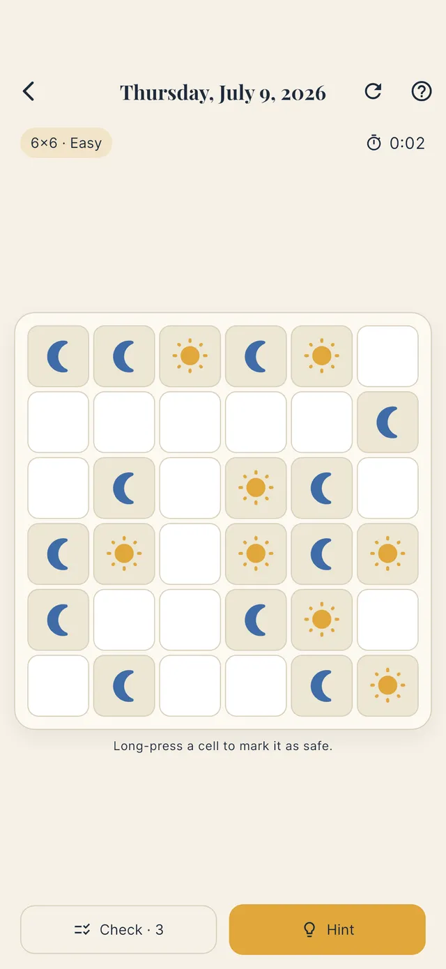 A Lunoku 6x6 grid partly filled with yellow suns and blue moons, with Check and Hint buttons below