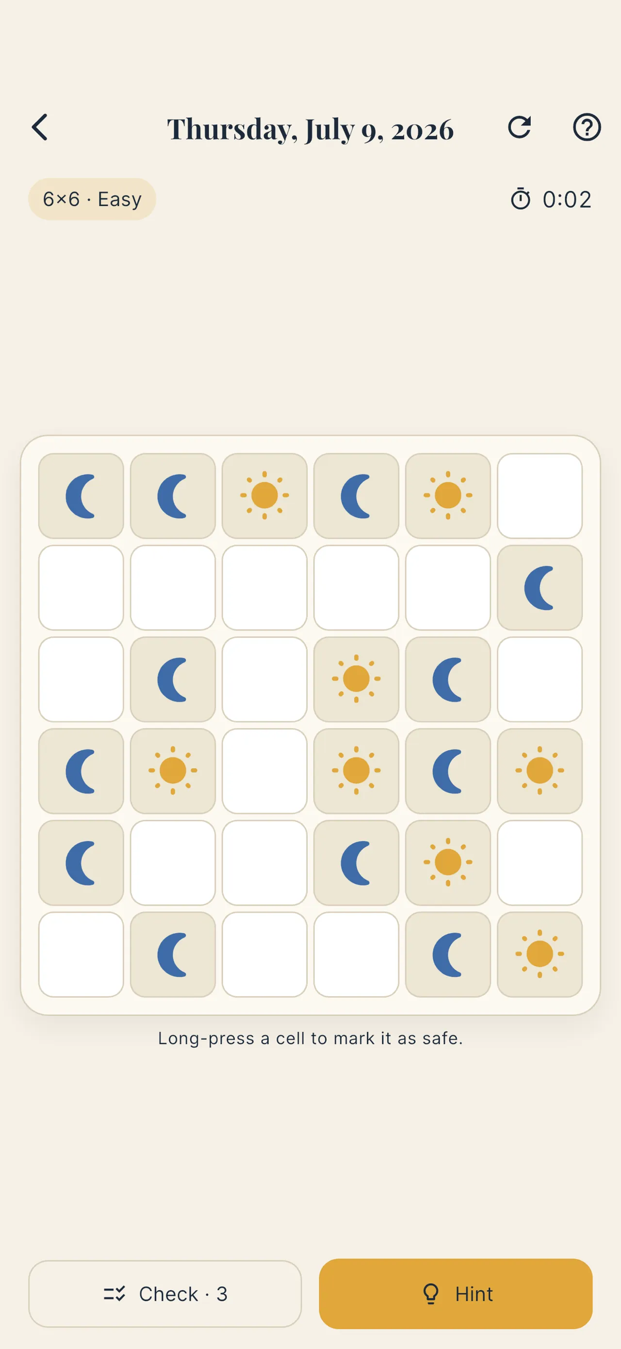 A Lunoku 6x6 grid partly filled with yellow suns and blue moons, with Check and Hint buttons below