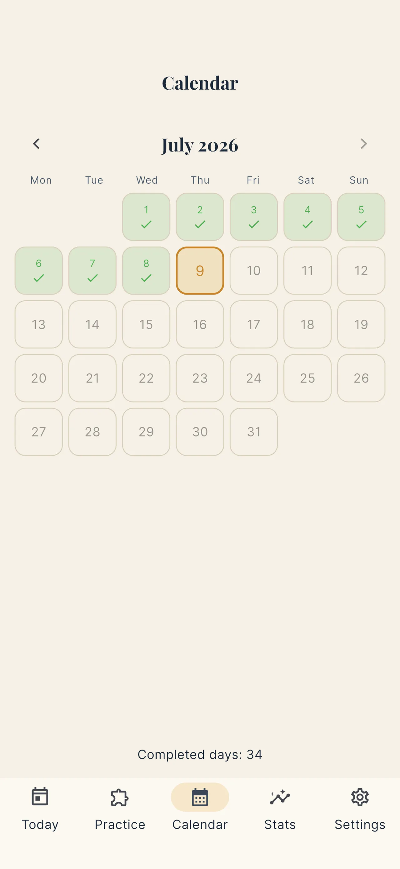 Lunoku's monthly calendar with ticks on each solved day