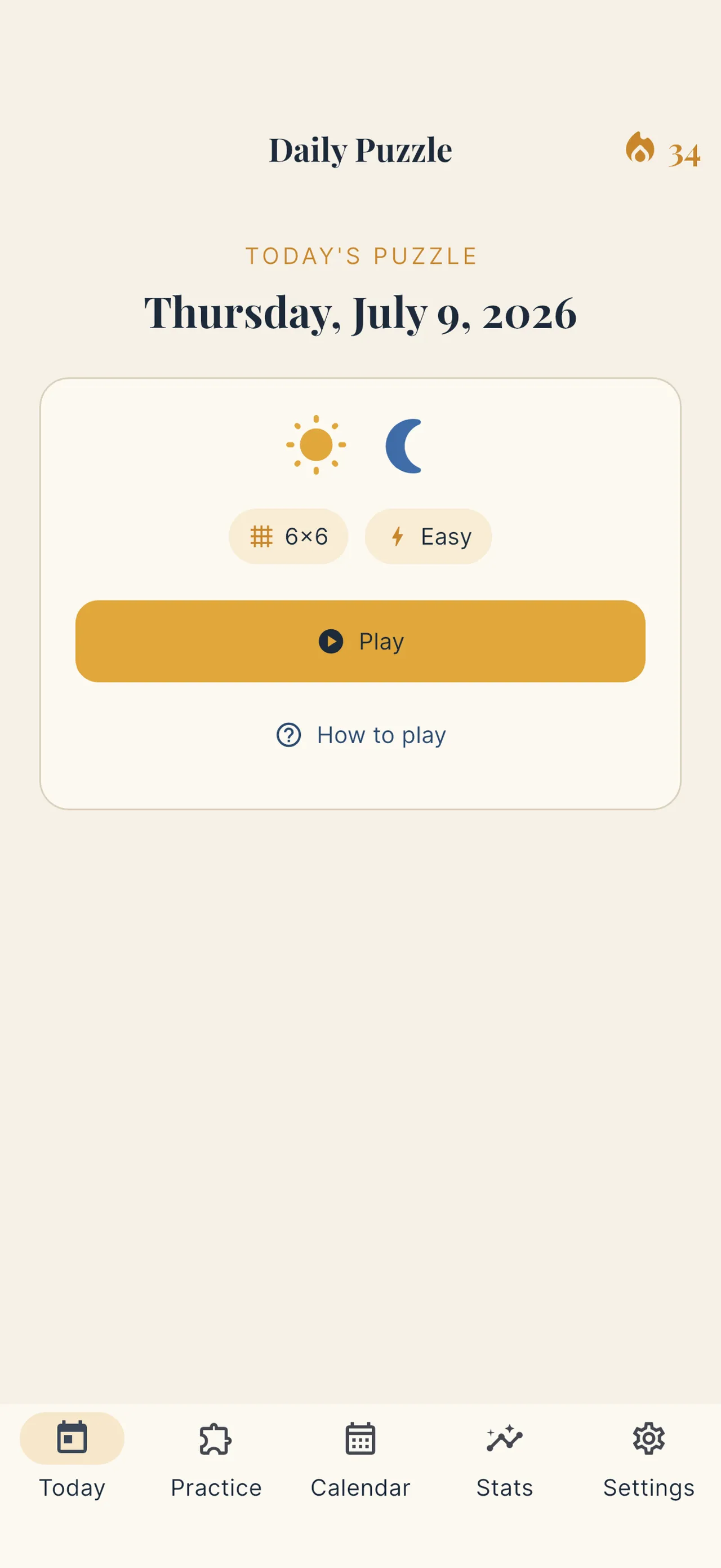 Lunoku's Today screen showing the day's 6x6 Easy puzzle with a Play button and a streak counter