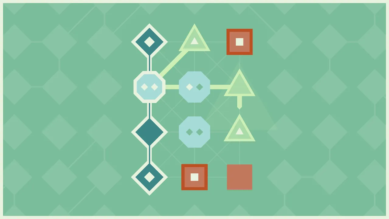 LYNE puzzle half solved on a green palette: a teal line joins three diamonds through an octagon while a pale green line runs from a triangle toward the others