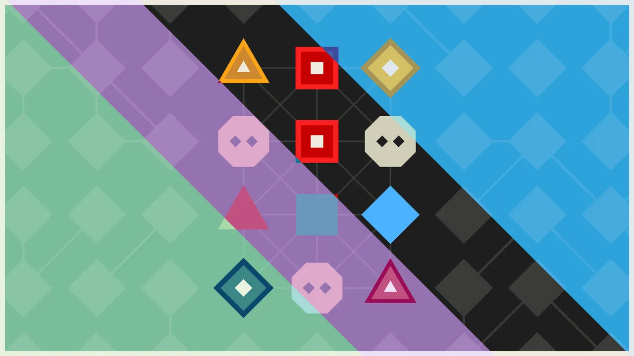 A LYNE board shown across several colour palettes at once, from green and purple to black and blue, with triangles, squares, diamonds and octagons