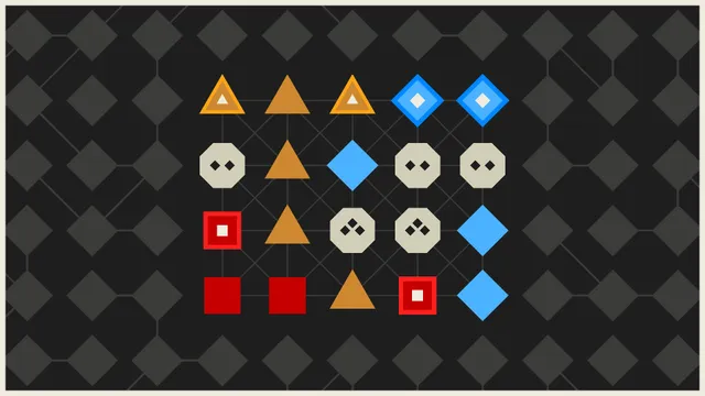 An unsolved LYNE board on a dark background: orange triangles, blue diamonds and red squares with their end shapes marked, and grey octagon nodes that take two or three passes